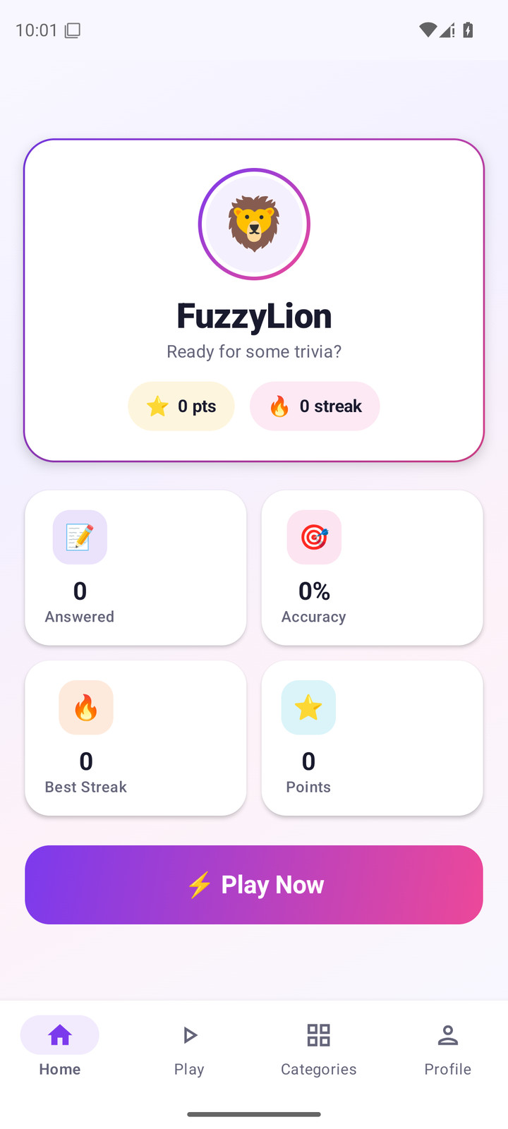 Zinq Android app — player profile showing streak and score history