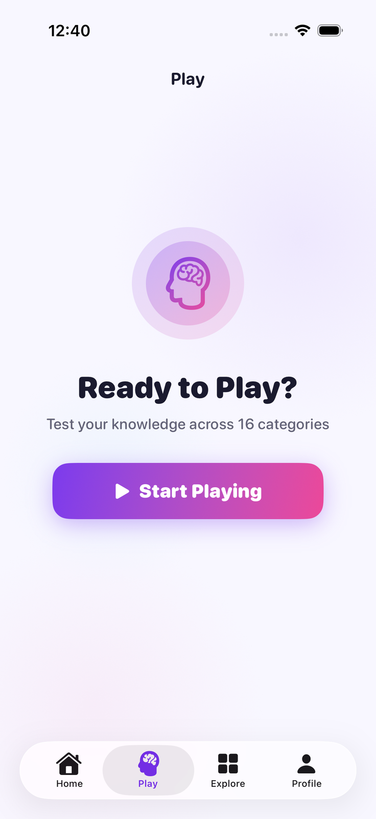 Zinq iOS app — trivia question play screen with answer options